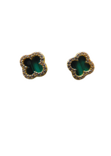 Load image into Gallery viewer, Van Cleef & Arpels Style Gold Malachite Green Clover Stud Earrings 9 Carat Yellow Solid