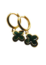 Load image into Gallery viewer, Van Cleef & Arpels Style Gold Clover Green Malachite Hoop Drop Earrings 9 Carat