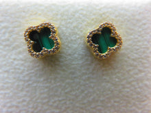 Load image into Gallery viewer, Van Cleef & Arpels Style Gold Malachite Green Clover Stud Earrings 9 Carat Yellow Solid