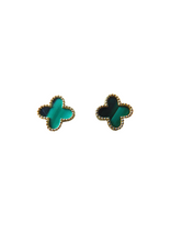 Load image into Gallery viewer, Van Cleef & Arpels Style Gold Malachite Large Clover Stud Earrings 9 Carat Yellow Solid