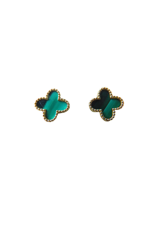Gold Malachite Clover Stud Earrings 9 Carat Yellow Solid Available In Mother Of Pearl & Black