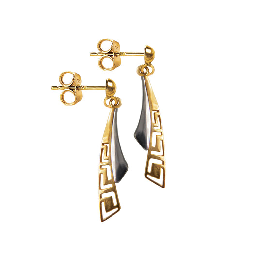 Gold Greek Key Drop Earrings 9 Carat Yellow & White Gold