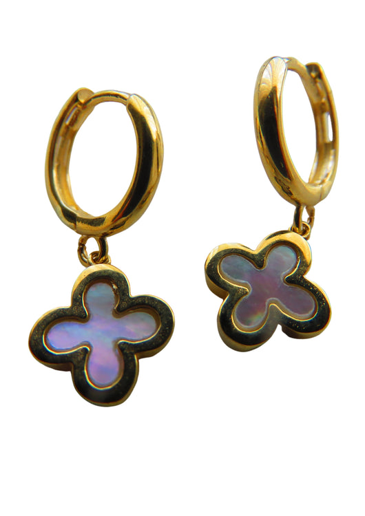 Van Cleef & Arpels Style Gold Clover Mother Of Pearl Hoop Drop Earrings 9 Carat