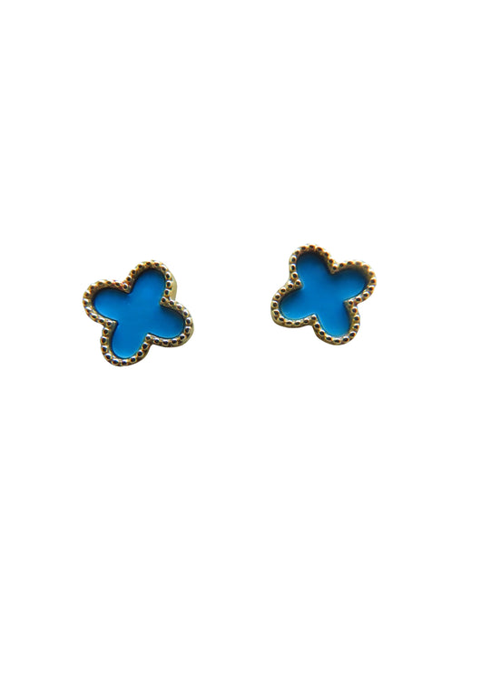 Van Cleef & Arpels Style Gold Turquoise Clover Stud Earrings 9 Carat Yellow Solid Available In Mother Of Pearl & Black