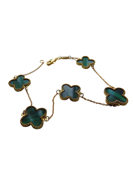 Van Cleef & Arpels Style Malachite Green Large Clover Gold Bracelet 9 Carat Yellow 9 Carat