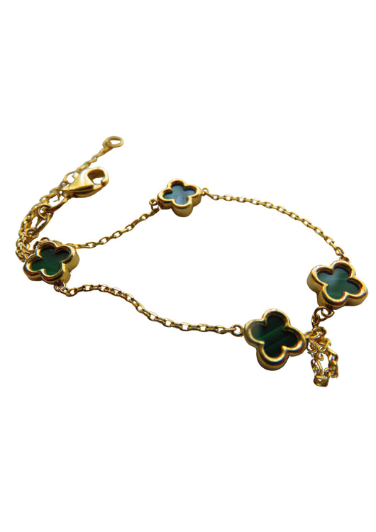 Van Cleef & Arpels Style Malachite Clover Gold Bracelet Adjustable 2 Sizes 9 Carat Yellow