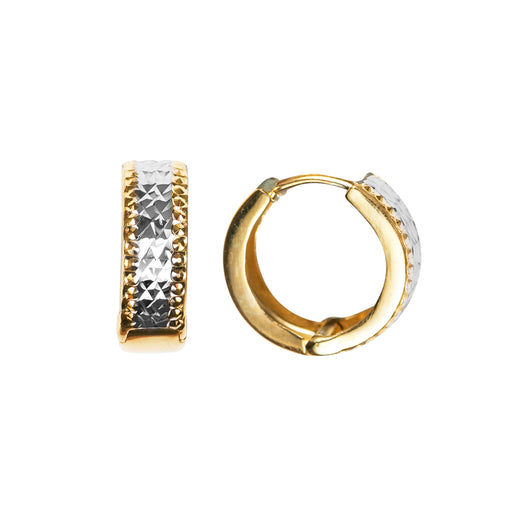 Gold Huggie Hoop Earrings 9 Carat Solid Yellow & White Diamond Cut