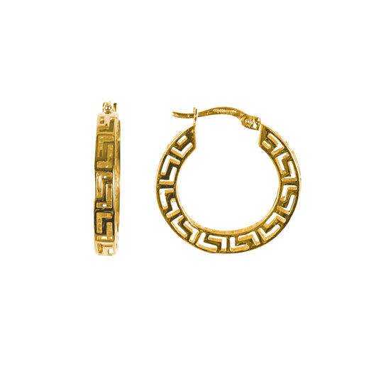 Gold Greek Key Hoop Earrings 9 Carat Yellow Round Double Small