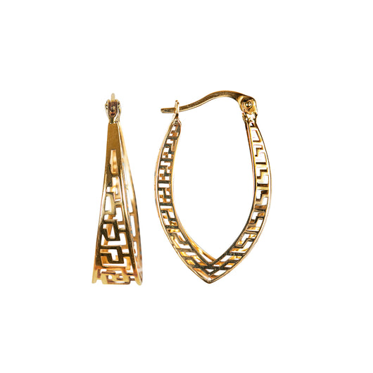 Gold Greek Key Hoop Earrings 9 Carat Yellow Oval Double 3D